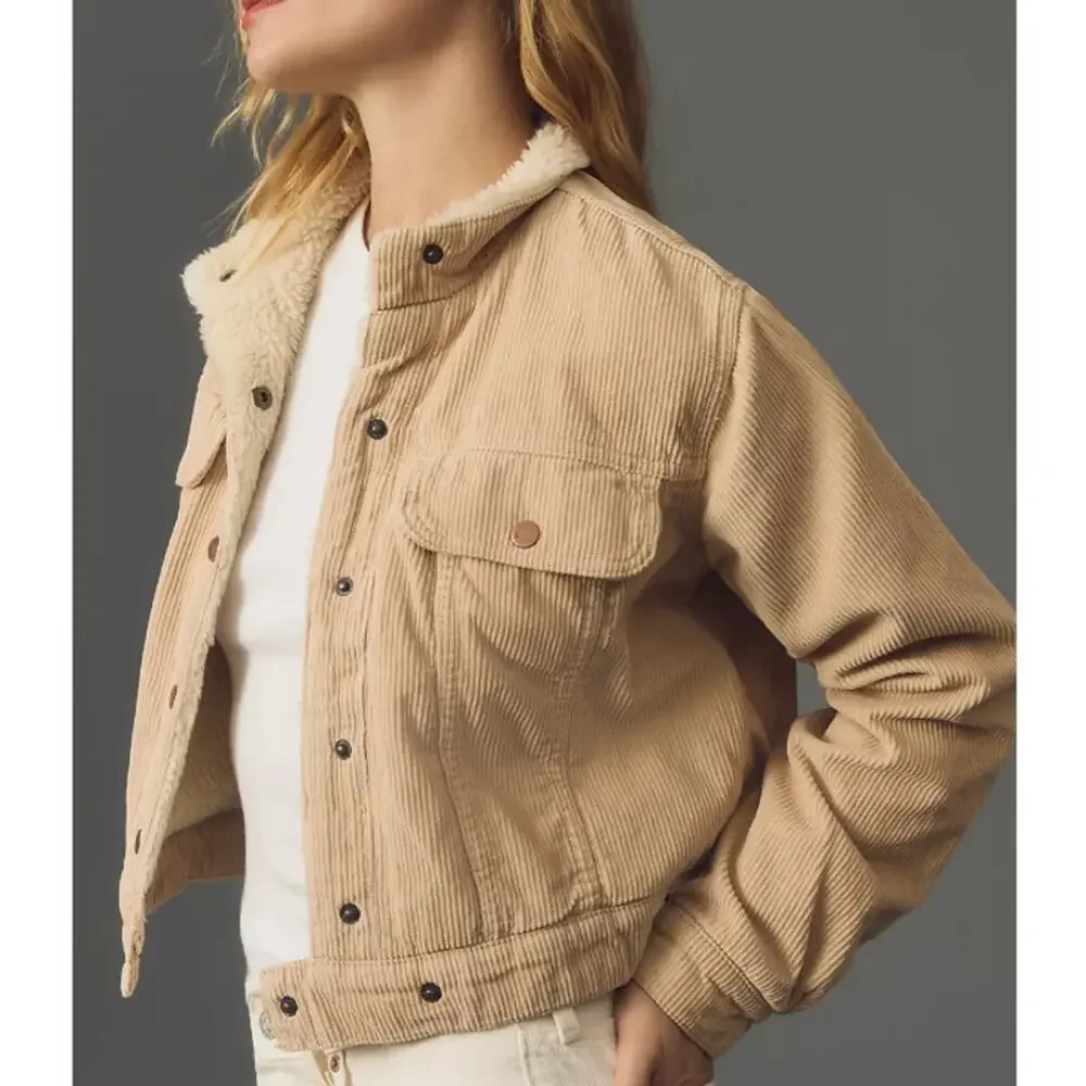 Anthropologie Pilcro Shrunken Corduroy Sherpa Snap Jacket | XS, Tan NWT $148 - Picture 3 of 4